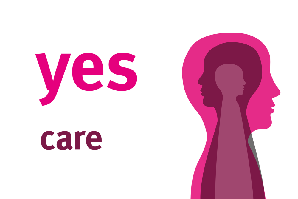 Logo in pinker Farbgebung des Podcasts des ZfP Südwürttemberg "Yes we care - der psychiatrische Pflegepodcast", vor grauem Hintergrund.