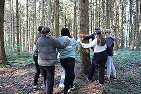Eine Gruppe junger Menschen stehen im Wald um den Stamm einer großen Tanne, sie haben die Augen verbunden. 